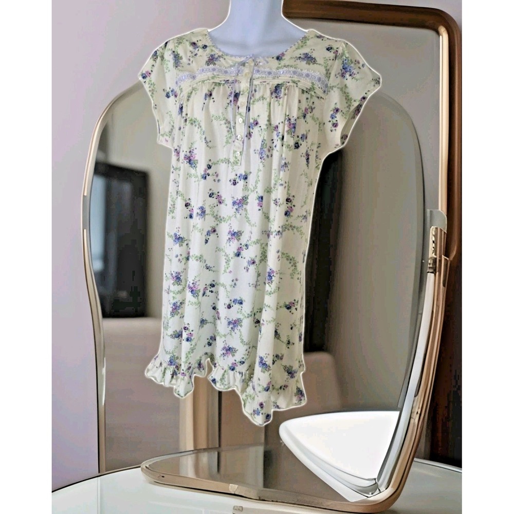 Earth Angels Nightgown L Yellow Floral Lace Ribbon  Trim Button Front Sleepwear